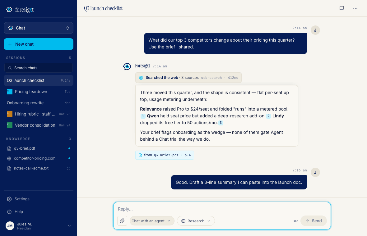 Foresigxt Chat — an active conversation with a web-search skill chip, cited sources and a knowledge panel of attached files.