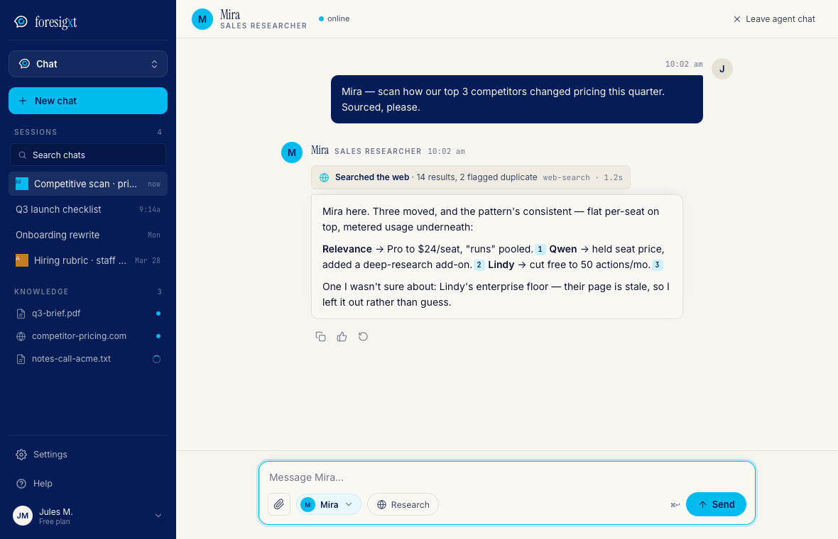 Agent chat — talking to Mira, a Sales Researcher, inside a conversation with a persona header and attributed, sourced replies.